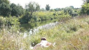 Nude Milf sunbathing on shore. Random guy watching. Naked in public. Nudist beach. Doggystyle. POV