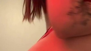 hottie shows off her body in red lingerie