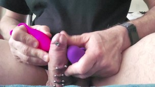 Cum running out the hole in my pierced cock from hands free orgasm using vibrators