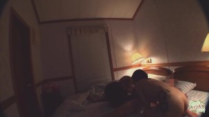 Brunette Asian girl is fed loads of cum by a chubby guy in a threesome