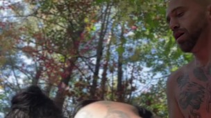 Riding the bull in the woods pounding pussy for double organisms