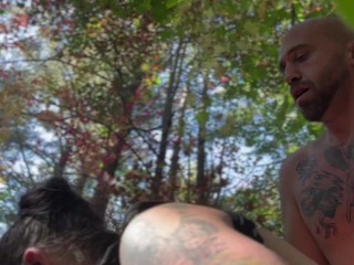 Riding the bull in the woods pounding pussy for double organisms