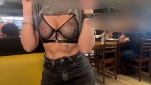 Showing breasts in the restaurant