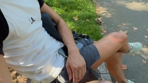 Sneaky jerk and suck on public park bench