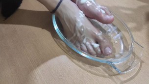Amputee man fills his beautiful and skillful feet with cream, strawberry and blueberries for you