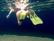 NO PANTIES underwater at Public Beach # Butt Plug ON n Panties OFF
