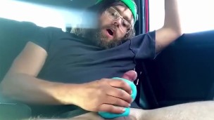 Solo male toy masturbation in car public risky cumshot