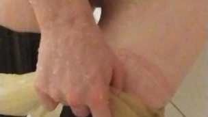 Shower undressing red latex hooded swing dress and stockings and transparent pants wetsuiterest