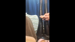 Doll in leather leggings, legjob, leg fetish,condom fetish,condom cum, cumshot dildo