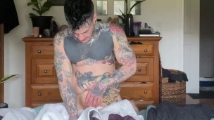 Grinding my pussy into the bed until I cum-Butch, FTM, Muscles, Tattoos