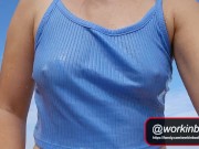 Flash Tits Walking Topless and Showering on Beach 4/16