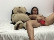 My horny neighbor masturbates with her dildo and fucks teddy bear