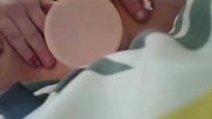 Extremely Horny slut wife stuffing her pussy hole with big white dildo makes me so wet