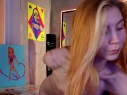 Sexy young babe in swimsuit fucks herself in pussy