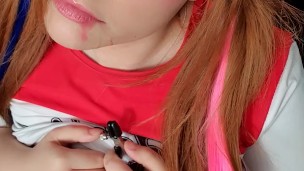 Harley Quinn cosplay gagged drooling saliva nipple clamps