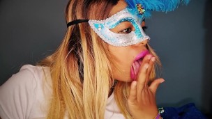 Slutty milf sucks her fingers suggestively while watching a fan masturbate his penis for her