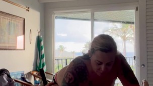 BBW step mom MILF sucking morning wood blowjob topless with tits out