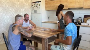 Husband's friends fucked his wife while cooking dinner on the kitchen table - 1.205