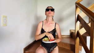Yes, I'm a young MILF. I eat food seductively and show my breasts