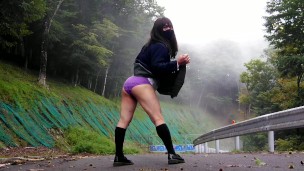 Perverted schoolgirls are captivated by outdoor exposure masturbation on an abandoned road