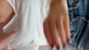 he comes to give me his cock so that I can take care of it he ends up on my small breasts