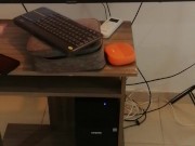 My girlfriend kneels down to suck my cock.