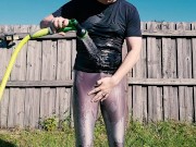 Man Gets Wet in Shiny Spandex Tights with Hose After Workout at Gym