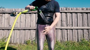 Man Gets Wet in Shiny Spandex Tights with Hose After Workout at Gym