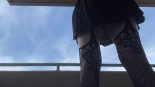 Girl tries to hold her pee in sexy lingerie fishnets high heels omorashi peeing upskirt