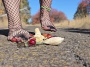 Goth girl crushing fruit in fishnet clad feet - Screenshot 3 of 16 - Foot Fetish
