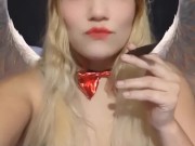 Angel of hell. Halloween costume. Cute girls smoke with me