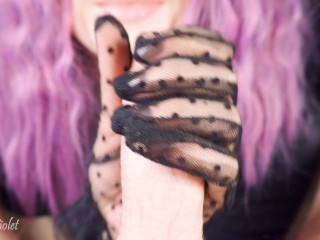 Intense handjob in transparent black lace gloves! She quickly jerks off his cock and enjoys big cum