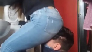 Facesitting in jeans for my slave (more painful)