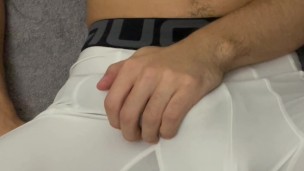 Fit guy plays with his monster cock in spandex shorts (lots of precut)