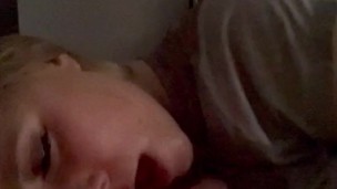 Slut gags and jacks cock till it fills her mouth