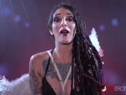 Fully tatted chick rides a sex toy while talking about her tattoos 2/16