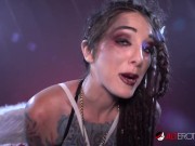 Fully tatted chick rides a sex toy while talking about her tattoos 3/16