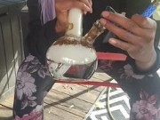 Naughty Ebony smokes weed and does leg workouts in shorts casual dress 1/16