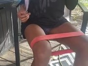 Naughty Ebony smokes weed and does leg workouts in shorts casual dress 10/16