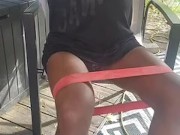 Naughty Ebony smokes weed and does leg workouts in shorts casual dress 9/16
