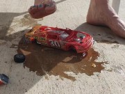 Smashing a NASCAR model toy car with my sticky and dirty big giantess feet 5/16