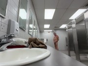 Changing clothes and jacking off in public restroom.  Almost caught!
