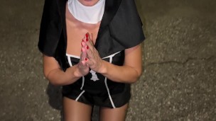 On Halloween, sex with a nun in a public parking lot - car sex