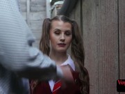 College uniform voyeur teases outdoor 3/16