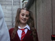 College uniform voyeur teases outdoor 4/16