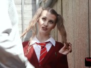 College uniform voyeur teases outdoor 7/16