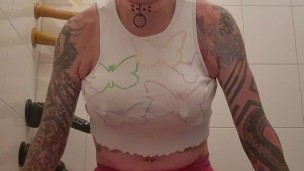 Sissy in butterfly top riding a dildo