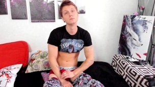 The beginning of cool sexual masturbation with a toy. Guy prepares his dick for jerking off