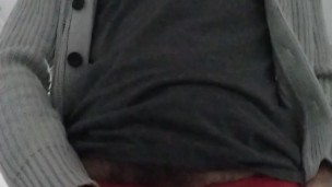 Bulging in red lace underwear while doing laundry