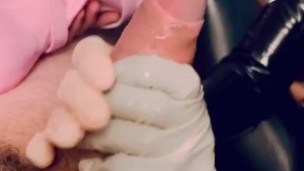 Latex handjob milking with prostate stimulation (vertical)